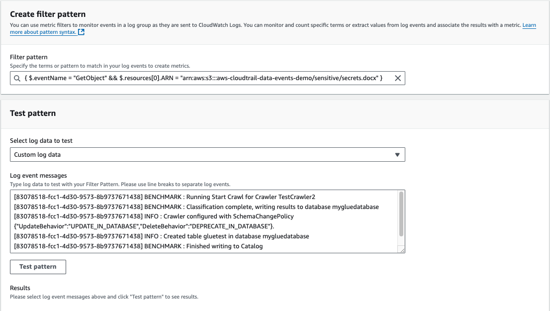 [Figure 4 - AWS Console – CloudWatch Metric Filters]
